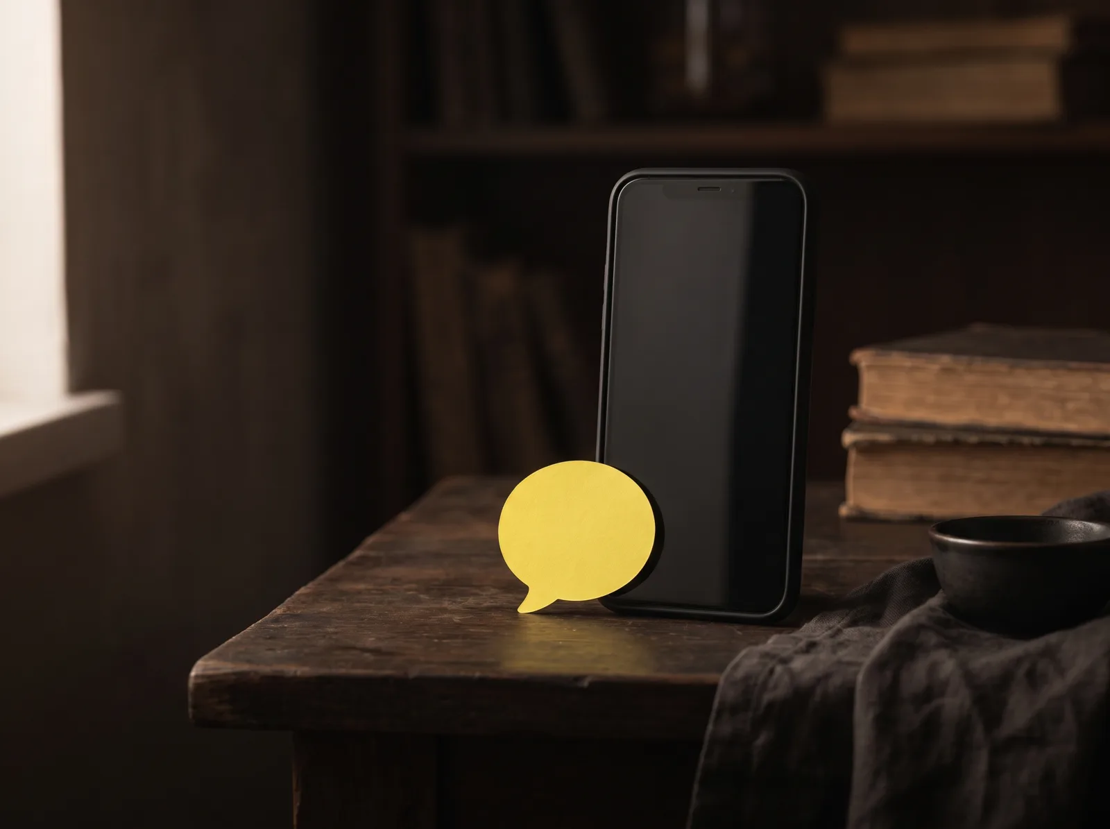 Smartphone mit ausgeschaltetem Bildschirm und gelber Sprechblase aus Karton auf einem dunklen Schreibtisch