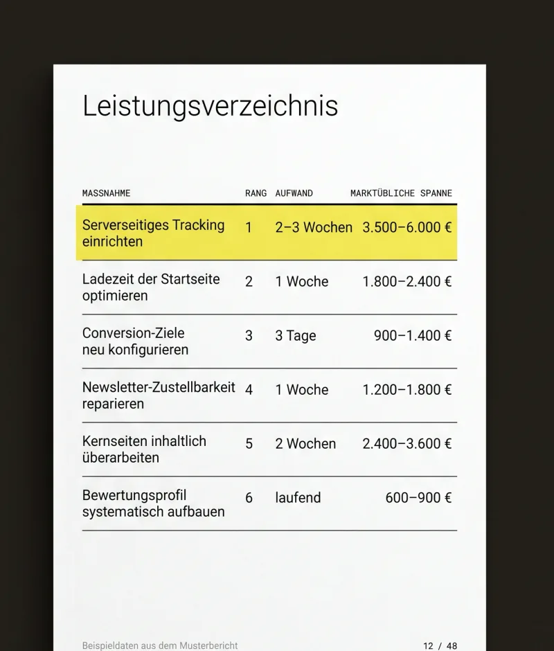Beispielseite Leistungsverzeichnis mit Maßnahmen, Rang, Aufwand und marktüblichen Preisspannen (Beispieldaten)