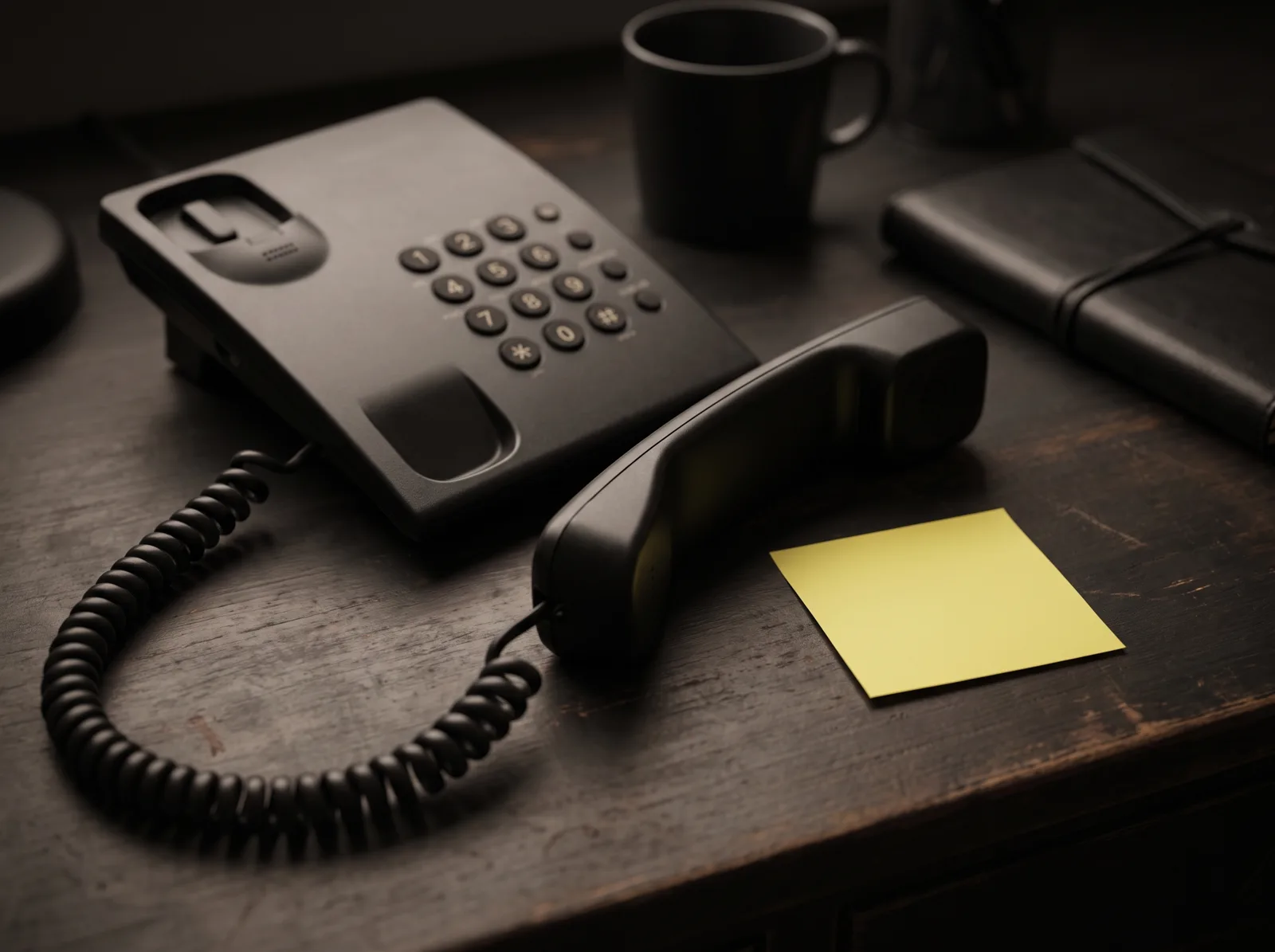 Schwarzes Bürotelefon mit Spiralkabel, abgelegtem Hörer und gelbem Notizzettel auf einem dunklen Schreibtisch