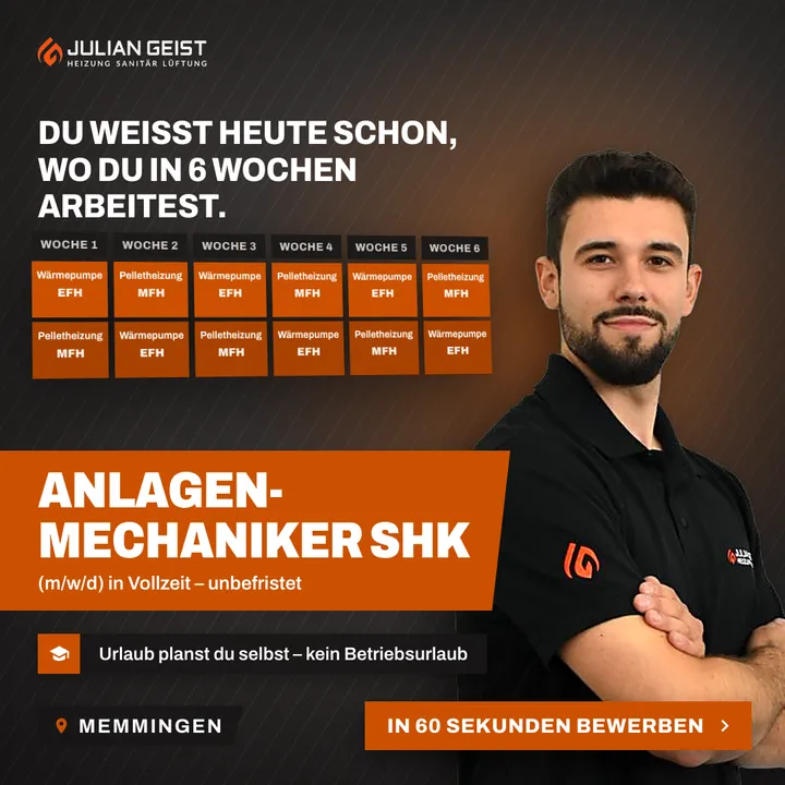 Bildanzeige für Anlagenmechaniker SHK bei Julian Geist: „Du weißt heute schon, wo du in sechs Wochen arbeitest.“
