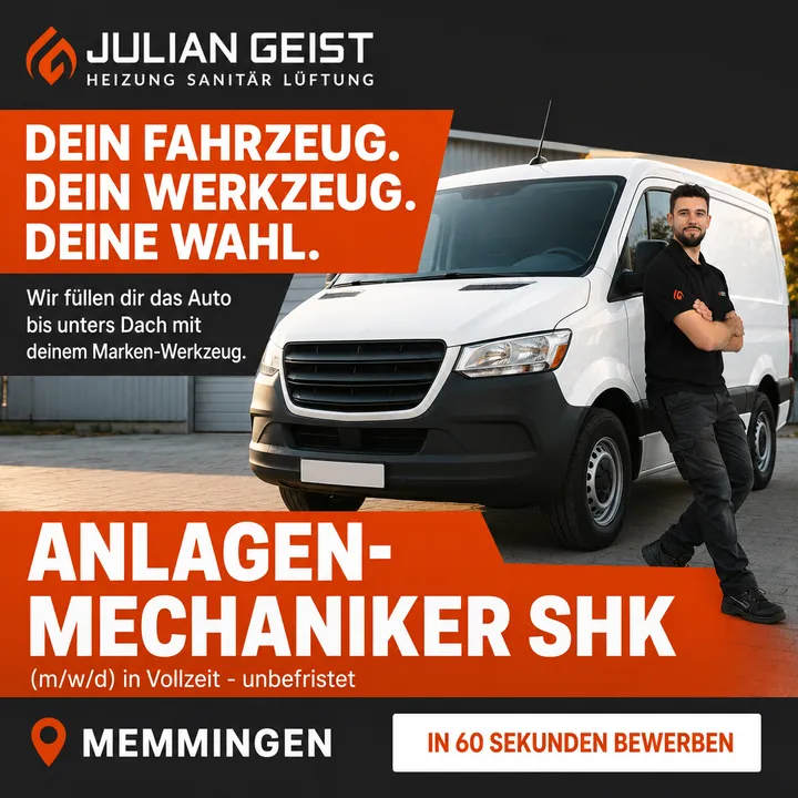 Bildanzeige für Anlagenmechaniker SHK bei Julian Geist: „Dein Fahrzeug. Dein Werkzeug. Deine Wahl.“