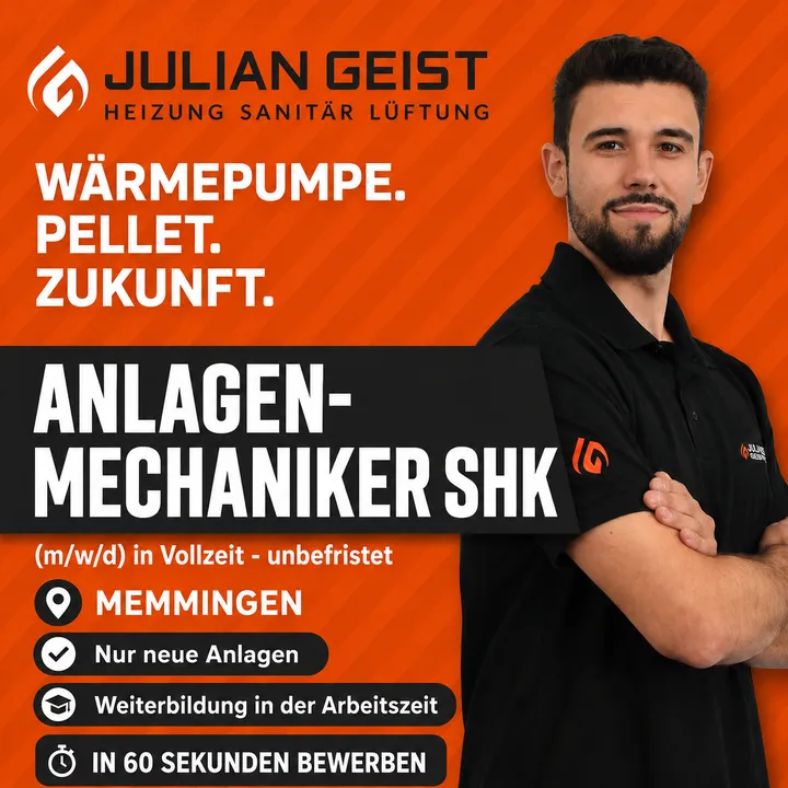 Bildanzeige für Anlagenmechaniker SHK bei Julian Geist: „Wärmepumpe. Pellet. Zukunft.“, mit nummerierten Bausteinen