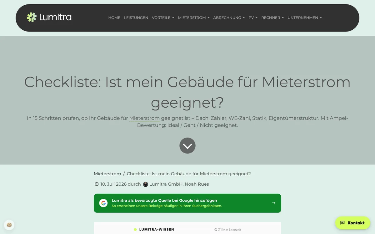 Fachartikel auf lumitra.de: Checkliste, ob ein Gebäude für Mieterstrom geeignet ist