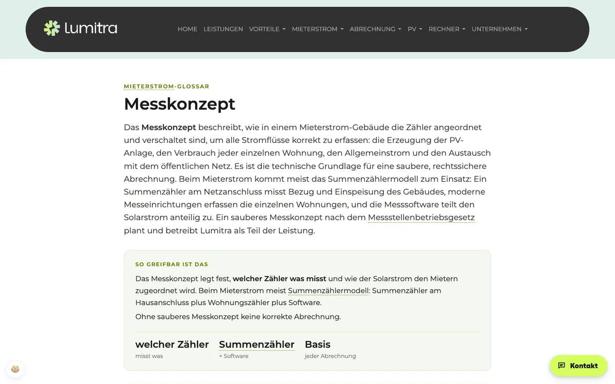 Glossarseite Messkonzept auf lumitra.de