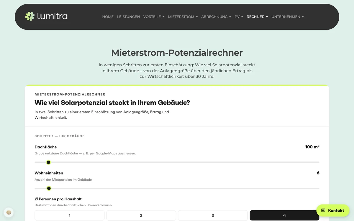 Mieterstrom-Potenzialrechner auf lumitra.de