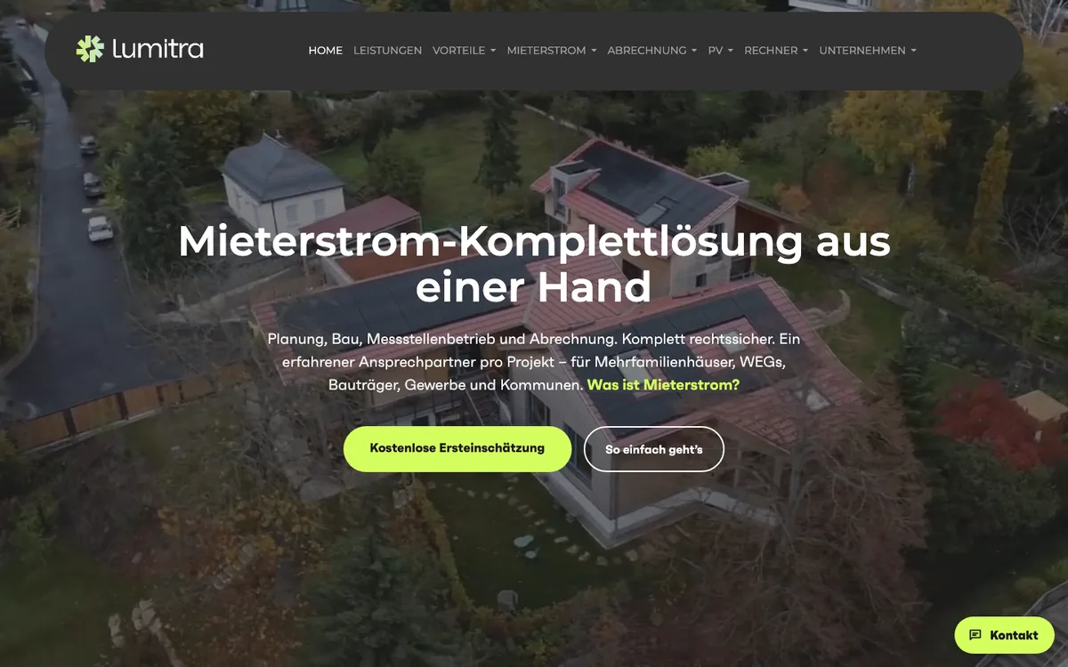 Startseite von lumitra.de mit der Überschrift Mieterstrom-Komplettlösung aus einer Hand
