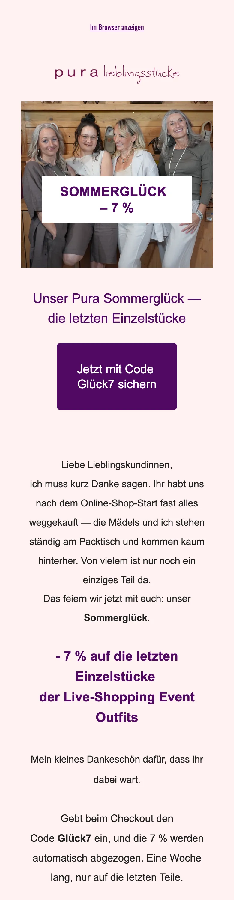 Newsletter von Pura Lieblingsstücke, Juli 2026: Sommerglück, Knopf mit Code ganz oben, darunter die Outfits