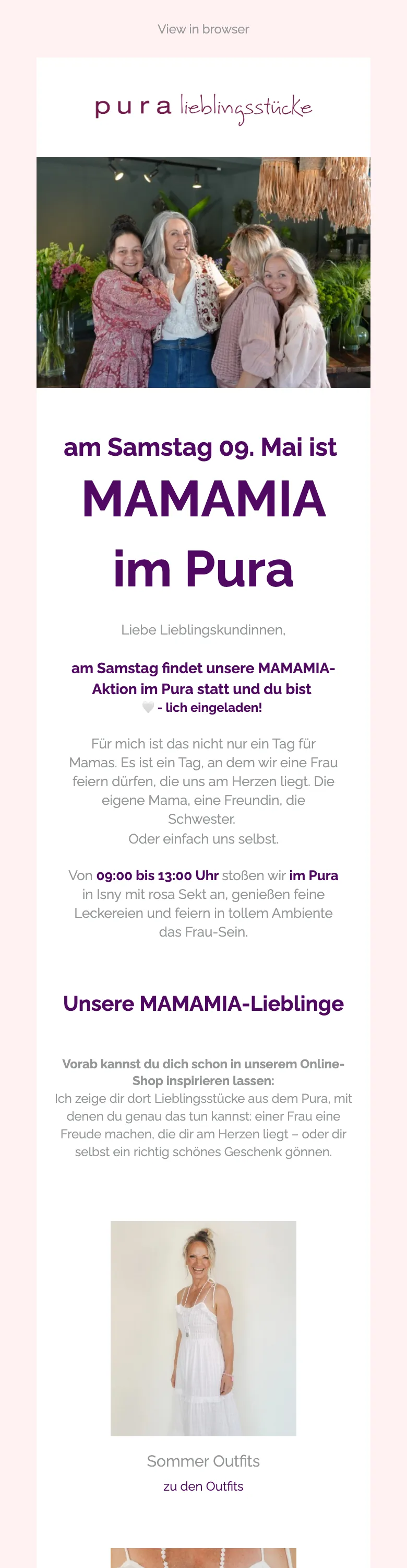 Muttertags-Mail von Pura Lieblingsstücke, Mai 2026: Einladung in den Laden, darunter Lieblingsstücke mit Links in den Shop