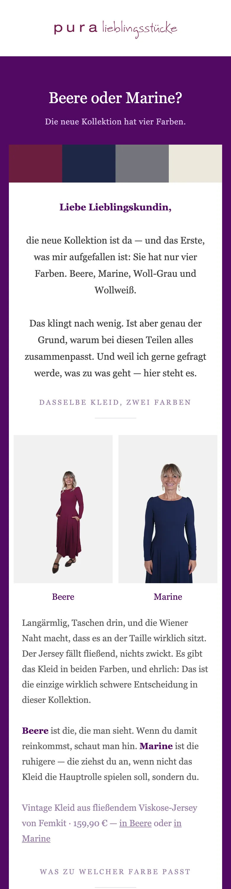 Newsletter von Pura Lieblingsstücke, September 2026: Beere oder Marine? Dasselbe Kleid in zwei Farben, darunter Text in Tanjas Stimme und Links in den Shop