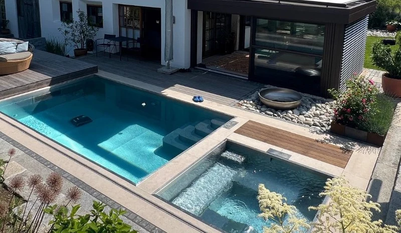 Poolanlage in Vagen bei Rosenheim: Pool mit Whirlpool, Holzdeck und Kiesbeet