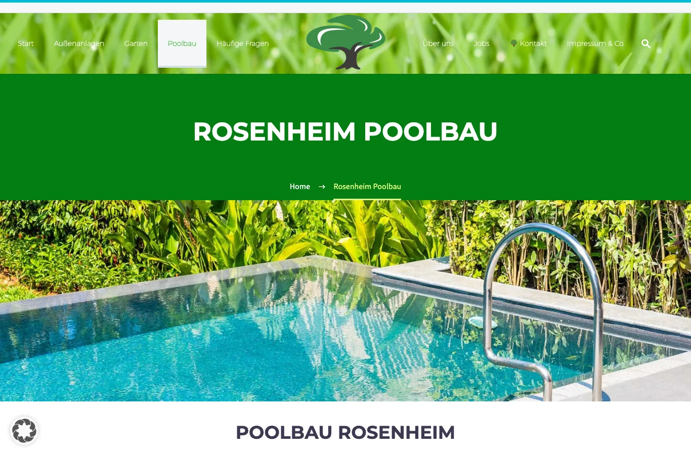 Die Poolbau-Seite von Gartengestaltung Rosenheim am Desktop: grüne Kopfzeile mit Rosenheim Poolbau, darunter ein Foto eines Pools