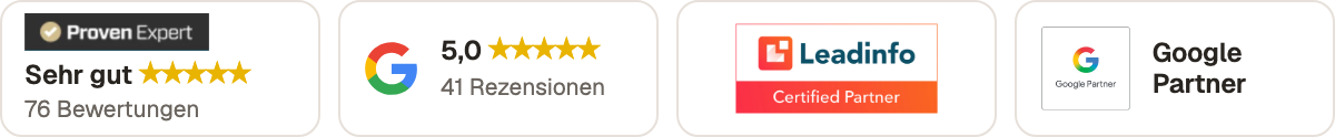 ProvenExpert Sehr gut, 76 Bewertungen. Google 5,0 Sterne, 41 Rezensionen. Leadinfo Certified Partner. Google Partner