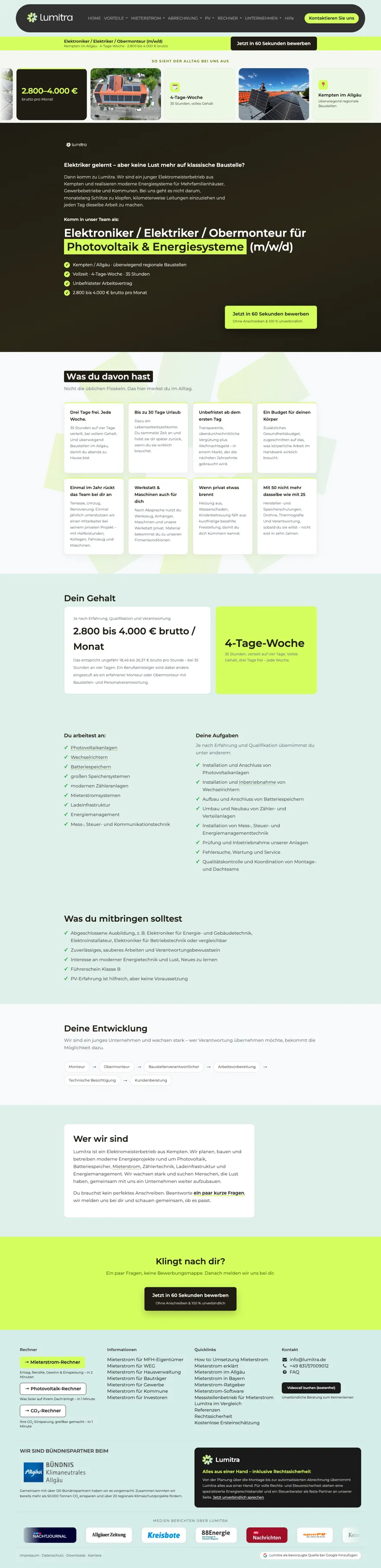 Komplette Stellenseite lumitra.de/jobs-elektroniker von oben nach unten