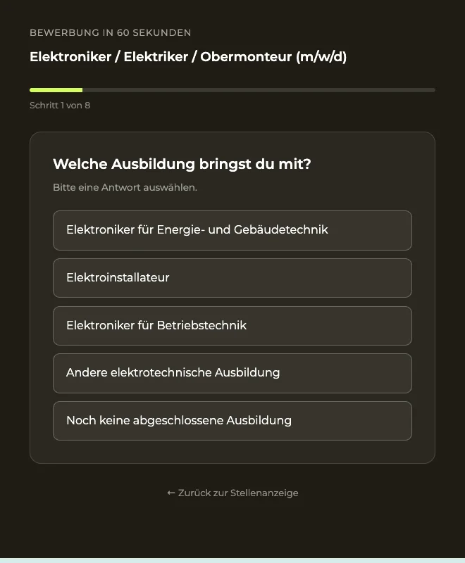 Quiz Schritt 1: Welche Ausbildung bringst du mit? Fünf Klick-Antworten