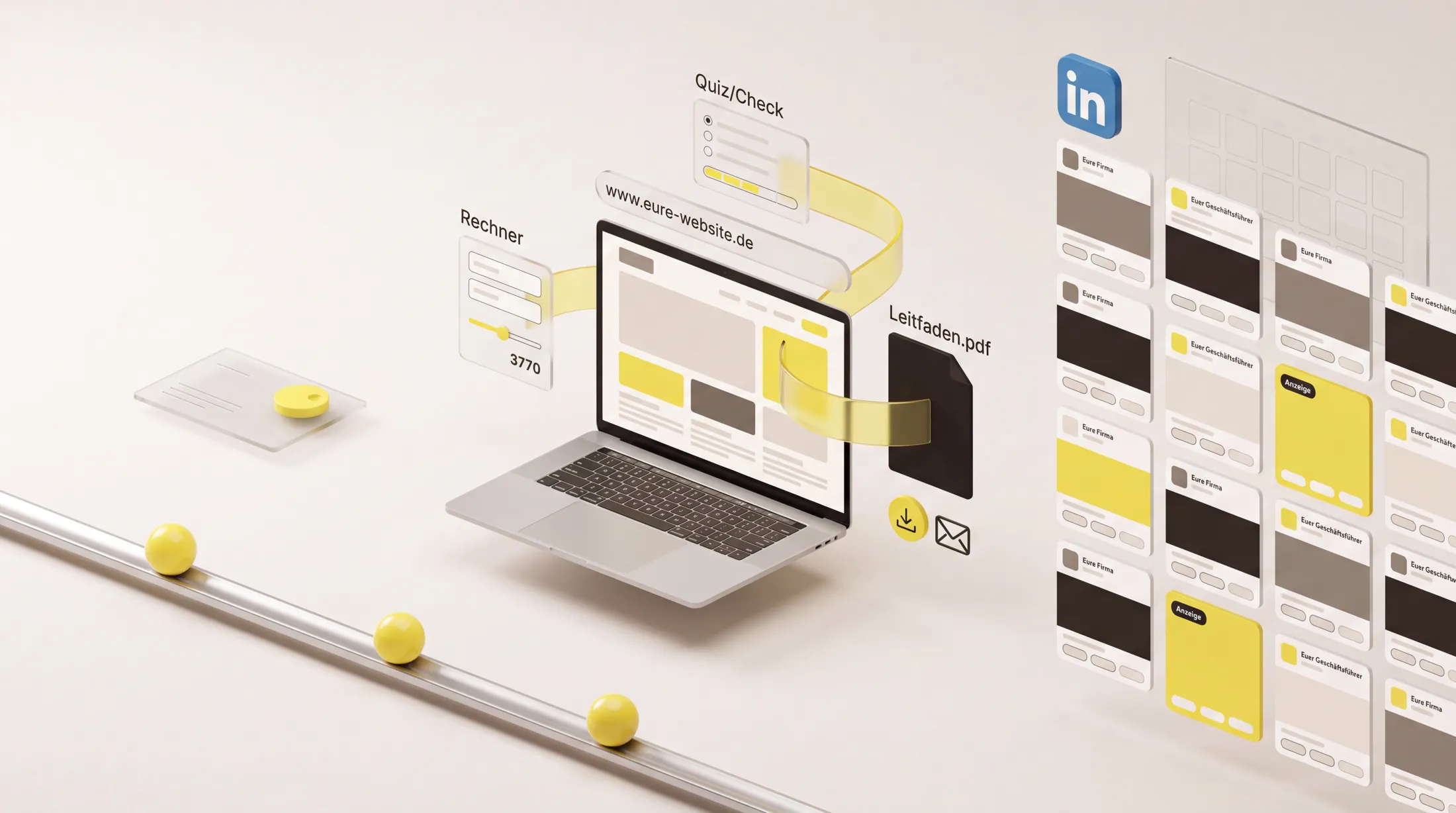 Ablauf der LinkedIn-Leadgenerierung als Schaubild: links der Start, in der Mitte eure Website mit dem Lead-Magneten als Rechner, Quiz oder Check und Leitfaden als PDF mit Download, rechts eine wachsende Wand aus LinkedIn-Beiträgen von eurer Firma und eurer Geschäftsführung samt Anzeigen und Redaktionskalender.